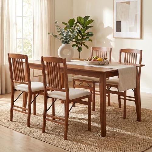 COSTWAY Solid Wood Folding Dining Chairs Set of 2 with Padded Seat, Walnut | 400 LBS Load Bearing, No Assembly Needed, Fabric Seat and Slatted Back, Vintage Foldable Chairs for Kitchen & Apartment