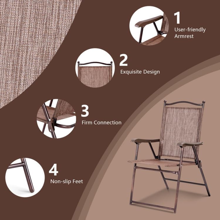 2-Pack Modern Folding Sling Back Deck Chairs in Brown Fabric with Steel Frame & Plastic Feet, 20x24x38in, for Patio Garden Backyard Camping