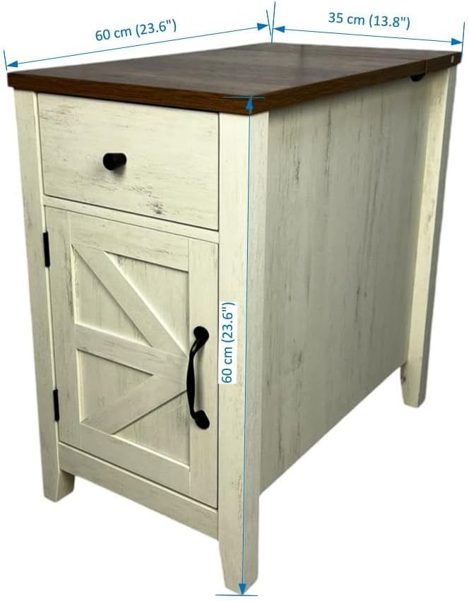 Farmhouse End Table Bedside Table with Charging Station,Night Stand with Barn Door and Drawer, Storage for Bedroom Living Room,for Small Spaces