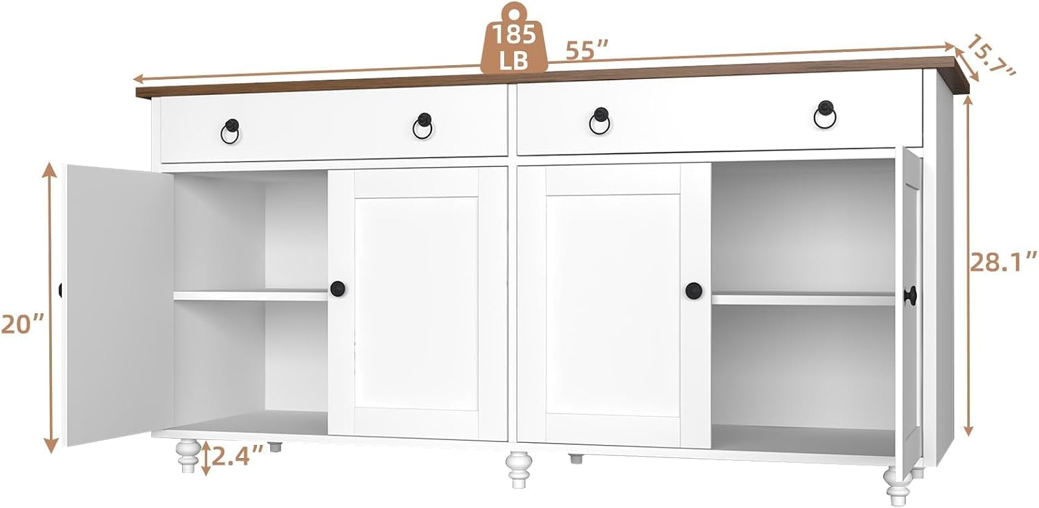 4 EVER WINNER Buffet Cabinet with Storage, 55'' Sideboard Buffet Cabinet with 2 Drawers, Coffee Bar Cabinet with 4 Doors, Kitchen Buffet Cabinet for Living Room, White