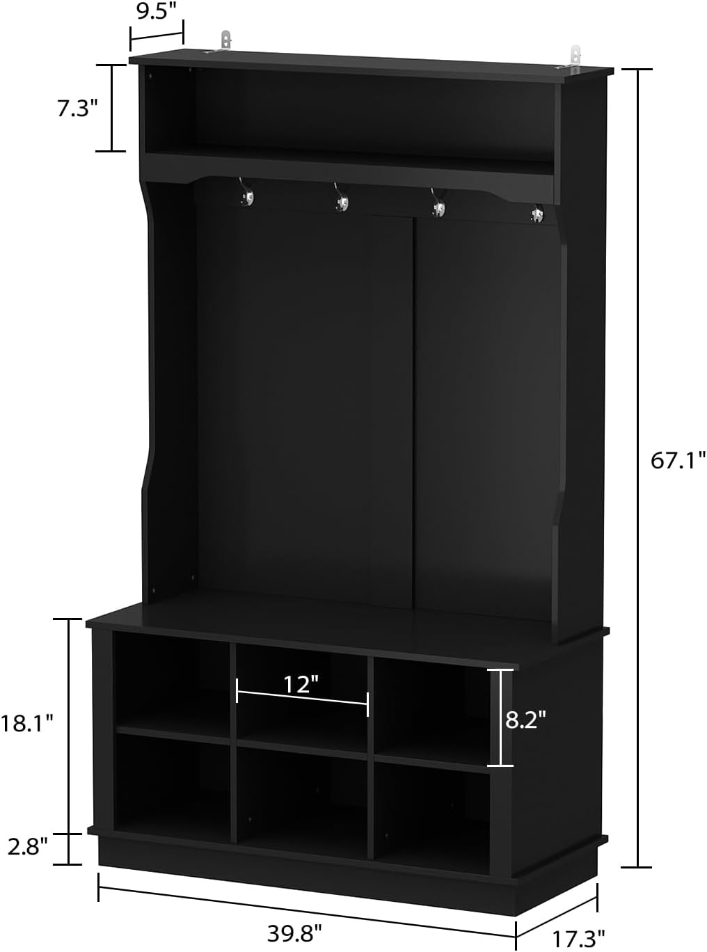 WOODTIME Hall Tree with Bench and Shoe Storage, Multi-Purpose Entryway Bench with Coat Rack, Open Shelf and 4 Double Hooks, Black