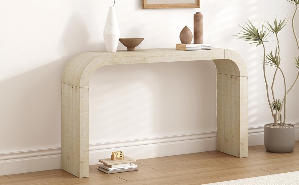 52" Wood Console Table with Curved Edge, Natural Texture, Perfect for Entryways and Living Rooms