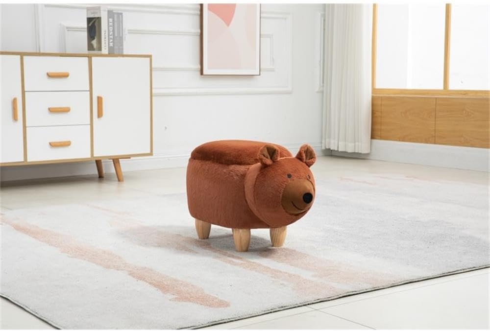 Pemberly Row Modern Fabric Bear Storage Ottoman, Soft Fur-Like Fabric, Brown/Natural Finish, Solid Wood Legs, Hidden Storage, 14.17" H x 13.8" W x 24.8" D, Living Room, Kids' Room, Playroom Accent