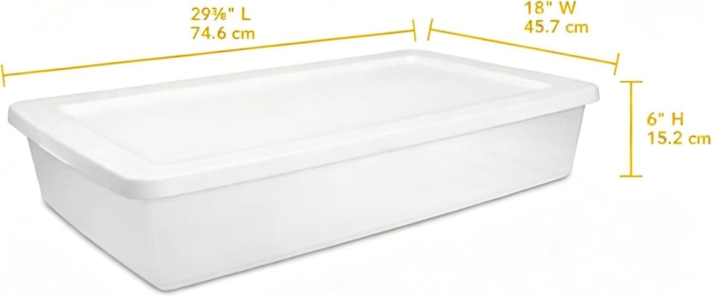 41 Quart Under Bed Storage Containers, Clear, White, 2 Pack | Rigid Plastic, Snap-On Lid, Stackable, Flat Organizer Boxes