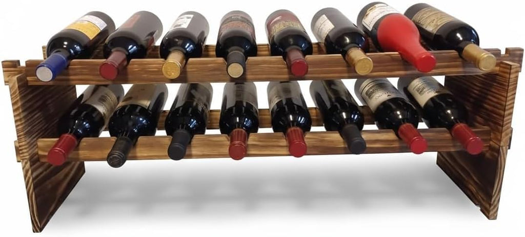 16-Bottle Stackable Wine Rack - 2-Tier Rustic Pine Wood Wine Storage, Freestanding Organizer for Kitchen, Home Bar & Dining Room - Easy Assembly