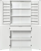 72" Tall Kitchen Pantry with Hidden Drawer, 8 Door Shelves & 3 Adjustable Shelves Farmhouse Cabinet, Versatile Cupboard for Kitchen, Dining & Bathroom (White)