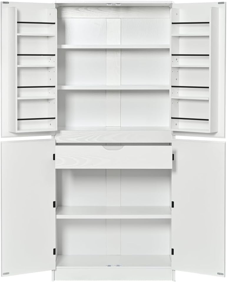 72" Tall Farmhouse Kitchen Pantry Cabinet, Curved Storage Cabinet with 3 Adjustable Shelves, 8 Door Shelves & Hidden Drawer for Kitchen Dining Bathroom (White)