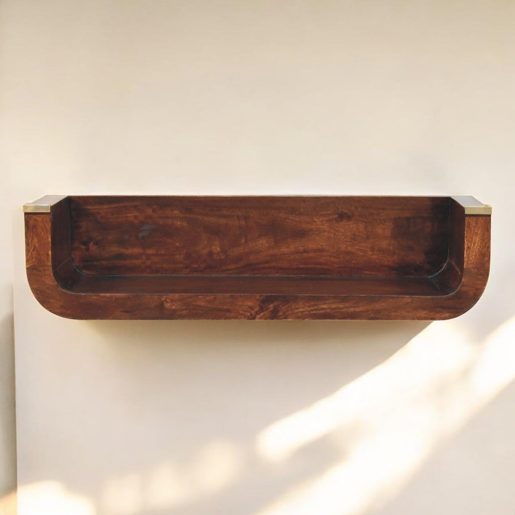 Solid Wood Indira California Walnut Floating Console Table, Open Shelf, Dark Brown