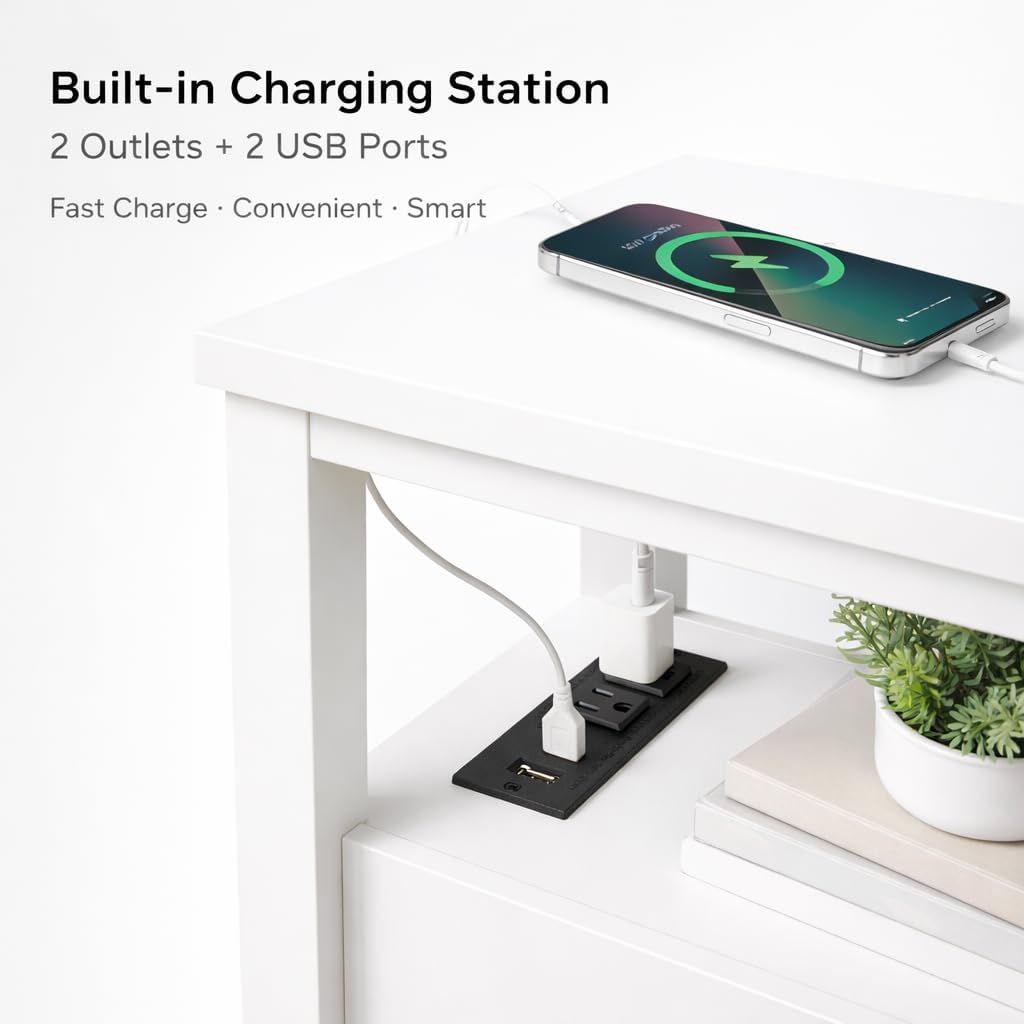 End Table with Charging Station, Nightstand with USB Ports & Outlets, Wood Side Table with 2 Drawers & Storage Shelf for Bedroom,Walnut (White)
