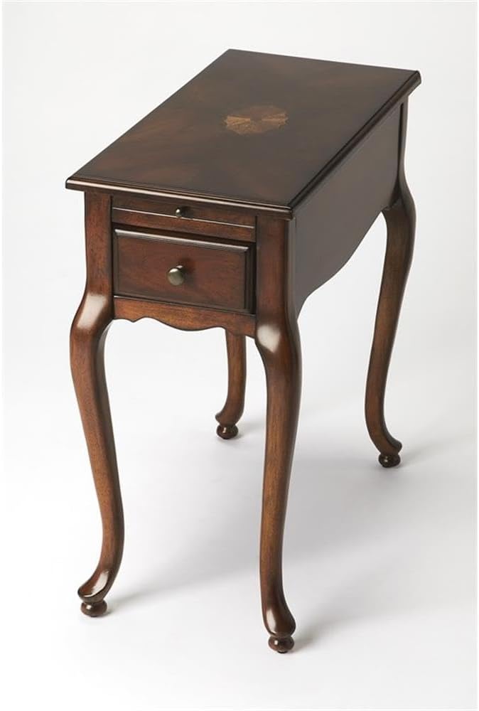 Beaumont Lane Modern Wood Chairside Table, Cherry Finish, 11.5" W x 23.5" D x 24.5" H, Rubberwood and Veneer Construction, Traditional Style, Pull-Out Drawer and Tray, Living Room End Table