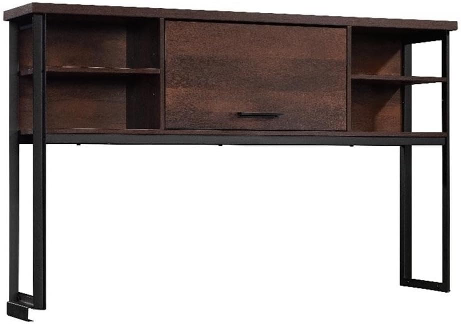 Pemberly Row Contemporary Hutch, 60 in Wide, Engineered Wood and Metal, Barrel Oak Finish, Attaches to Computer Desk, Barrister Door, 2 Adjustable Shelves, Office Storage Organizer
