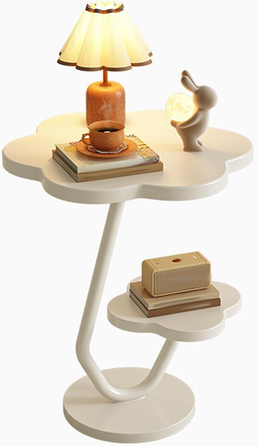 Flower-Shaped Side Table, 2 Layers End Table for Sofa, Nightstand, mesa Auxiliar, Metal Frame, for Home Living Room Kitchen Garden Bedroom Office(White)