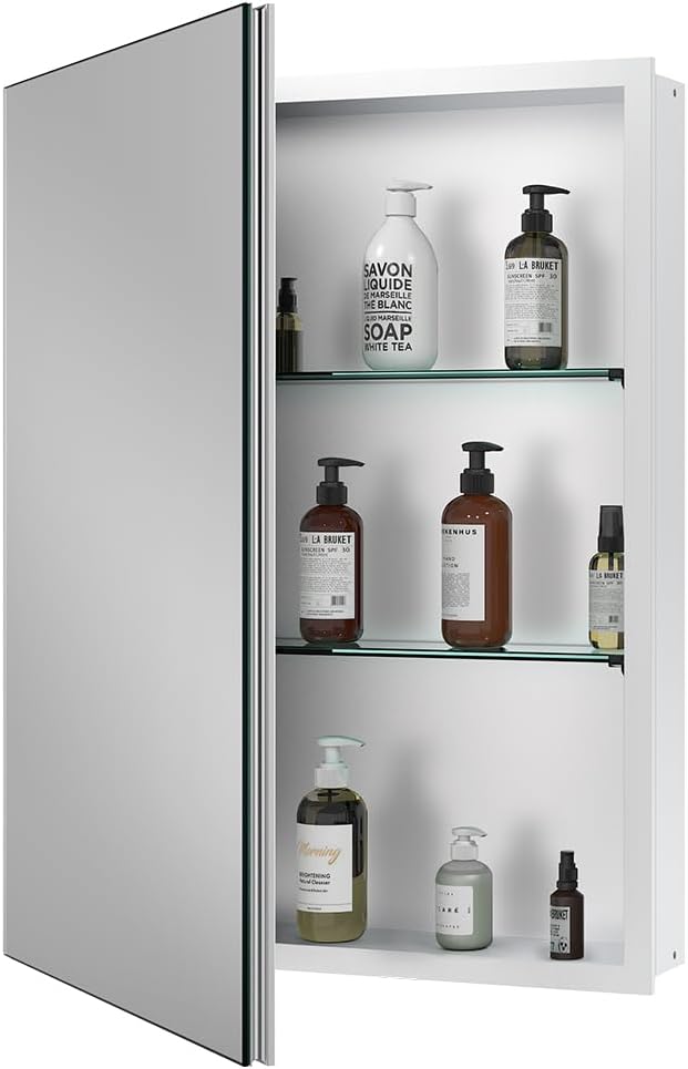 Quavikey 20"x26" Medicine Cabinet with Mirror, Recessed or Surface, Silver | Premium bathroom mirror cabinet featuring rustproof aluminum frame, adjustable shelves, soft-close hinges, and ample storage.