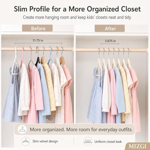 MIZGI Kids Velvet Hangers,Non-Slip Big Kids Hangers,14 Inch Hangers for Youth,Teen Clothes,Pack of 50（Ivory/Silver）