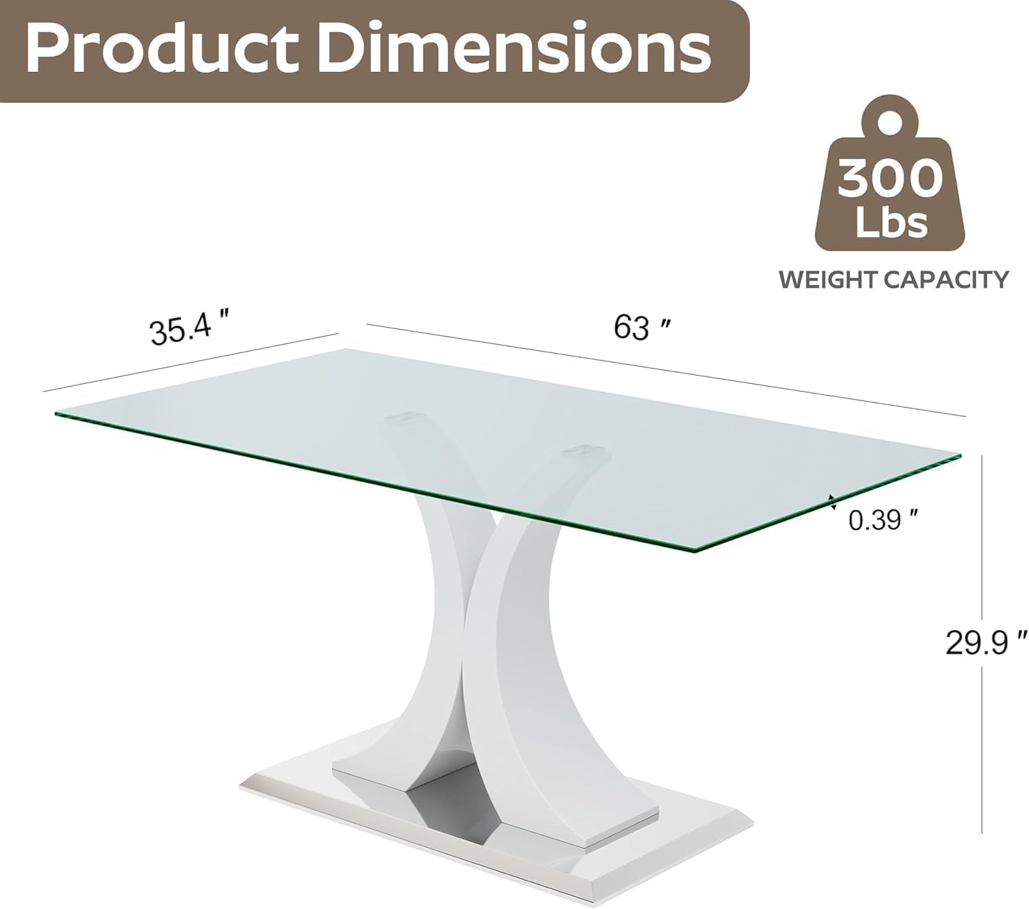Modern Luxury Glass Dining Table for 4-6, 63'' Clear Minimalist Glass Top Kitchen Table, Large Apartment Rectangle Dinette Table with White MDF & Silver Stainless Steel Base (Easy Assembly)