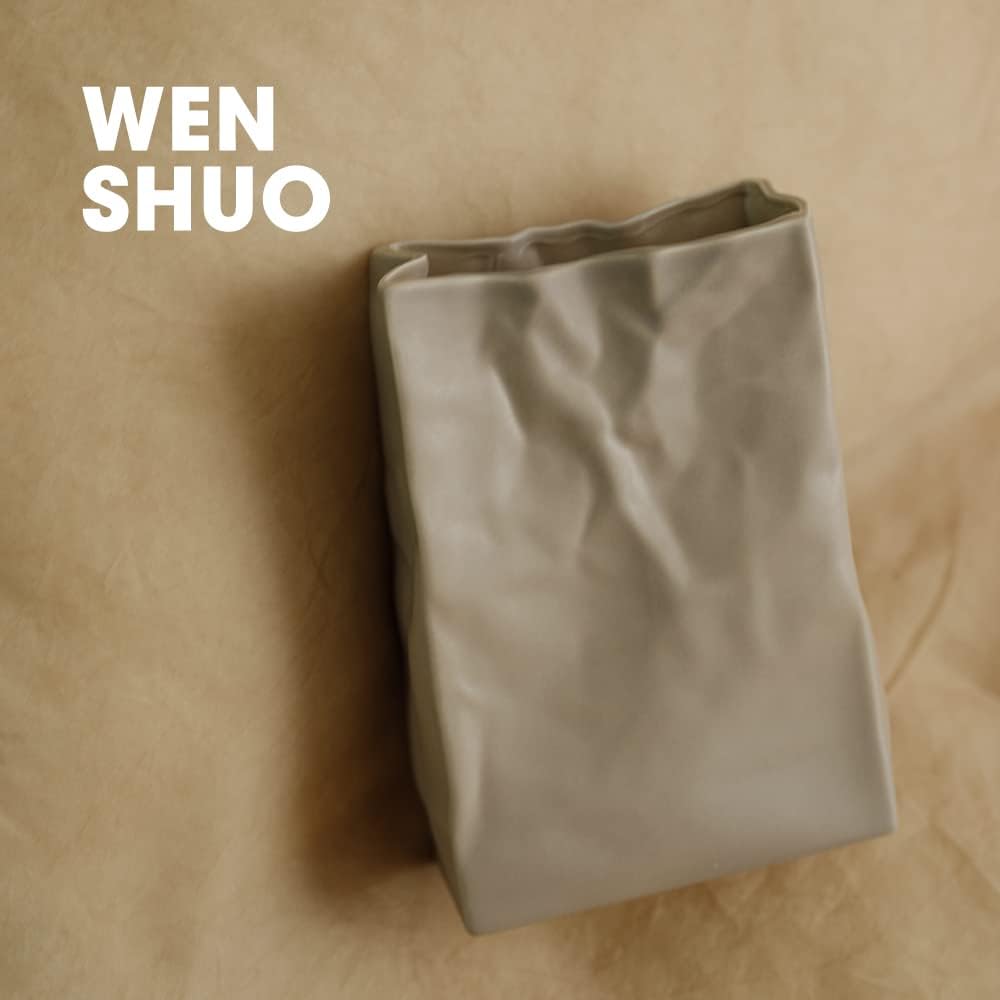 WENSHUO Flower Vase, Ceramic Crinkle Paper Bag Vase, 7.87in, Coconut Café | 7.9 x 5.7 x 2.6 in ceramic paper bag vase, 1.91 lb. Crinkled shape and matte speckled Crème glaze for modern home decor.