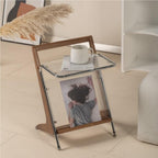 Solid Wood Side Table with Glass Top, Z Shape End Table with Magazine Rack, Multifunctional Small Coffee Table for Bedroom, Living Room, Sofa, Study, Balcony(Black)