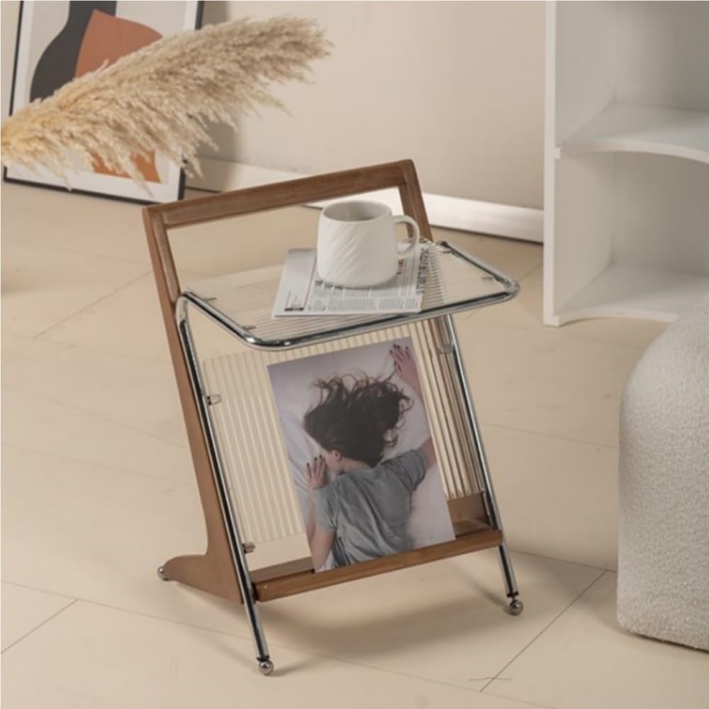 Solid Wood Side Table with Glass Top, Z Shape End Table with Magazine Rack, Multifunctional Small Coffee Table for Bedroom, Living Room, Sofa, Study, Balcony(Black)