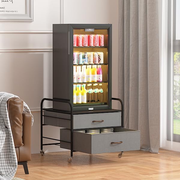 EazeHome Mini Fridge Stand, Fridge Stand with Storage, 2 Drawer Fridge Cart, Organizer Unit for Mini Fridge, Fridge Stand with Metal Frame and Fabric Drawers, Mini Fridge Table with 4 Swivel Wheels