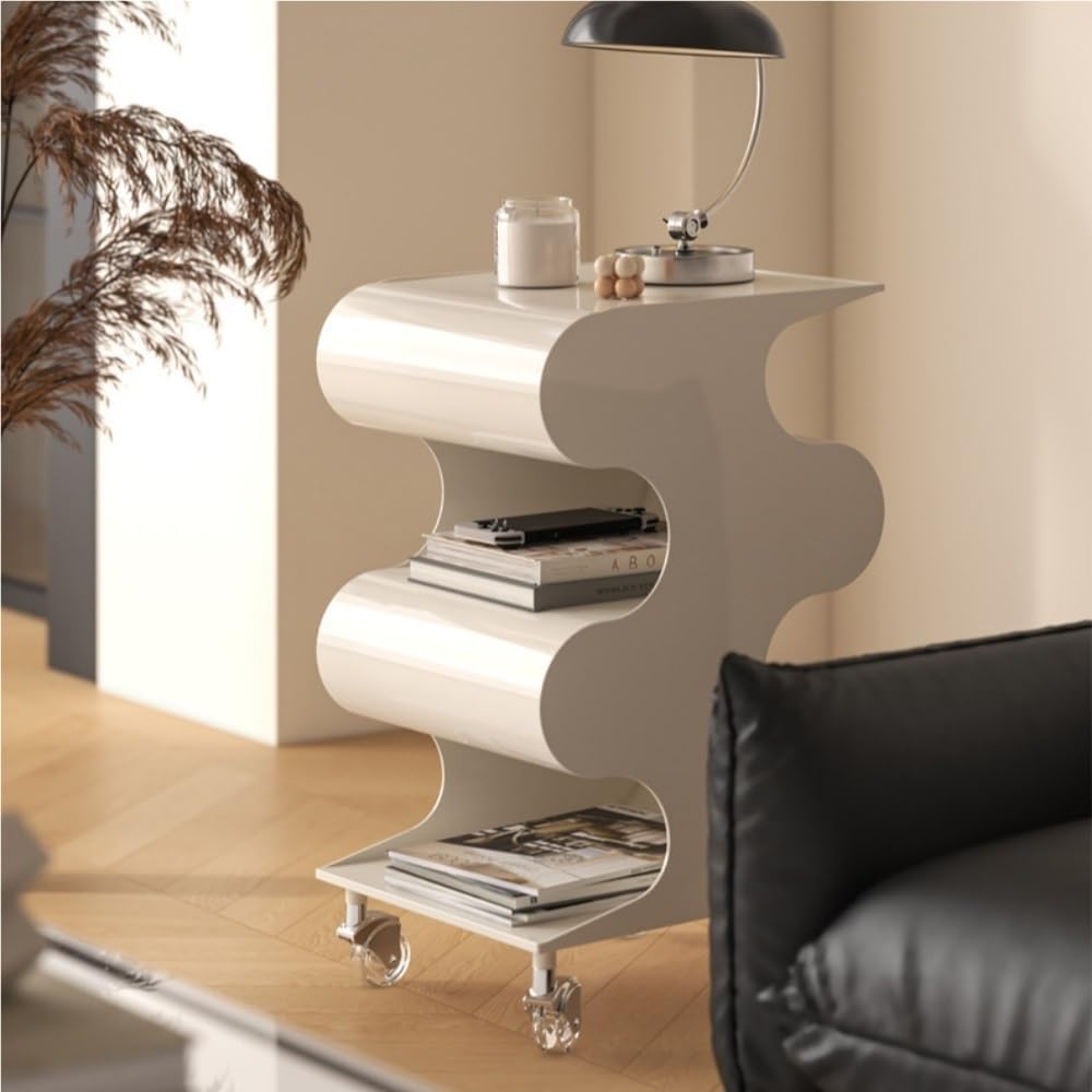ABS Movable Rotating Side Table with Storage, Modern Night Stand, Minimalist Small Sofa Table, Multi-Layer End Table for Bedroom, Living Room, Kitchena(White)