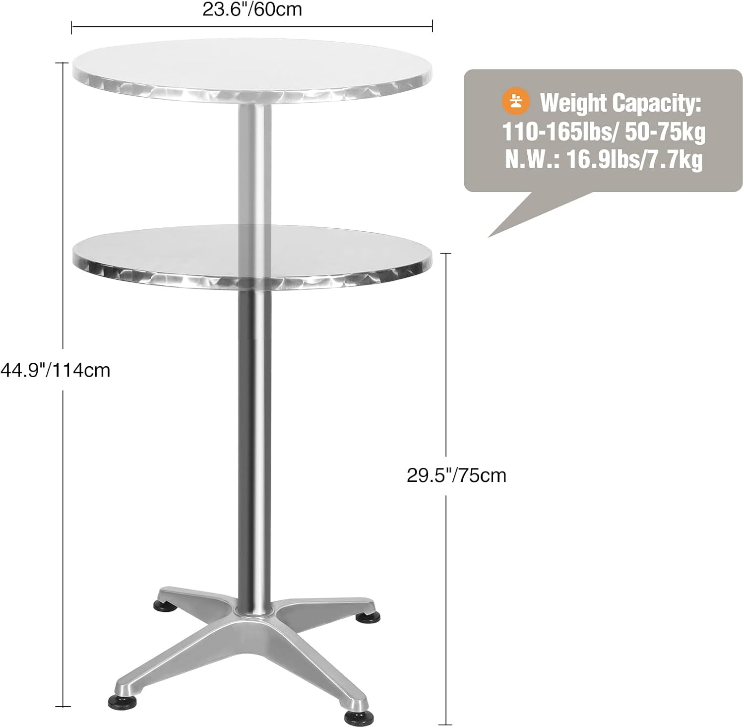 REDCAMP 24in Aluminum Folding Cocktail Table with Black Cover, Tall Round Bar Table Highboy Pub Table with Flip-Up Top for Parties Restaurant, 30" /45" Two Heights Adjustable