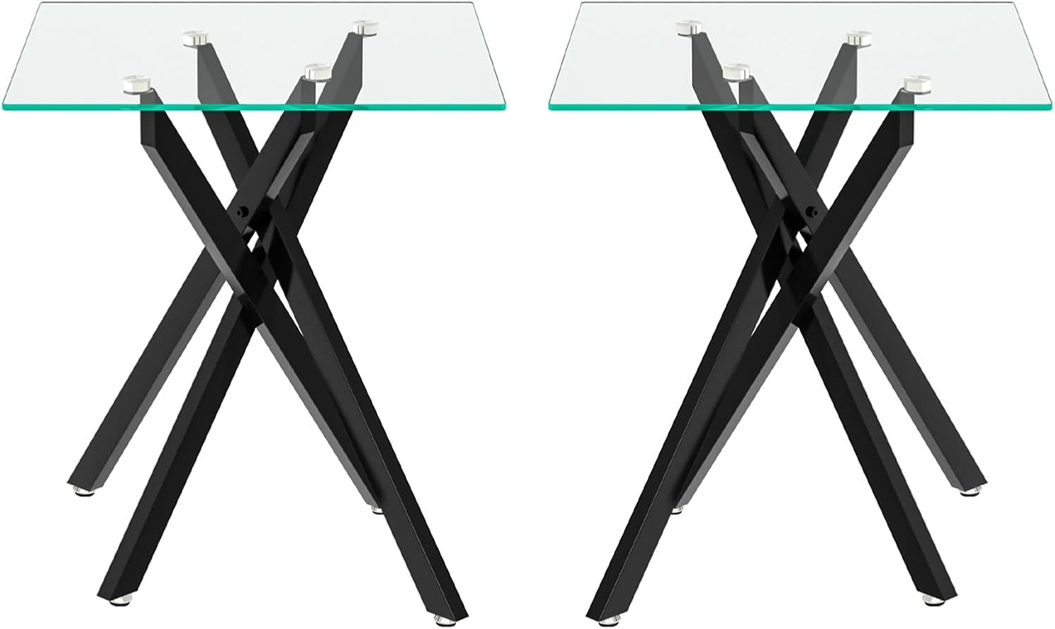 Modern Square End Table with Glass Top, Glass End Side Table for Living Room Office, 17.72 x 17.72 x 20.87 inches, Black Metal X-Base, Adjustable Feet (2, Black)