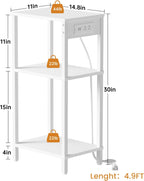 Creso hom Tall End Table with Charging Station and USB Ports, 3 Tier Narrow Tall Bedside Table with Storage, Slim Nightstand with Outlets for Bedroom, Living Room, Nursery, Office, White