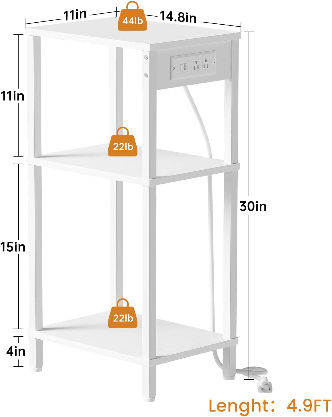 Creso hom Tall End Table with Charging Station and USB Ports, 3 Tier Narrow Tall Bedside Table with Storage, Slim Nightstand with Outlets for Bedroom, Living Room, Nursery, Office, White