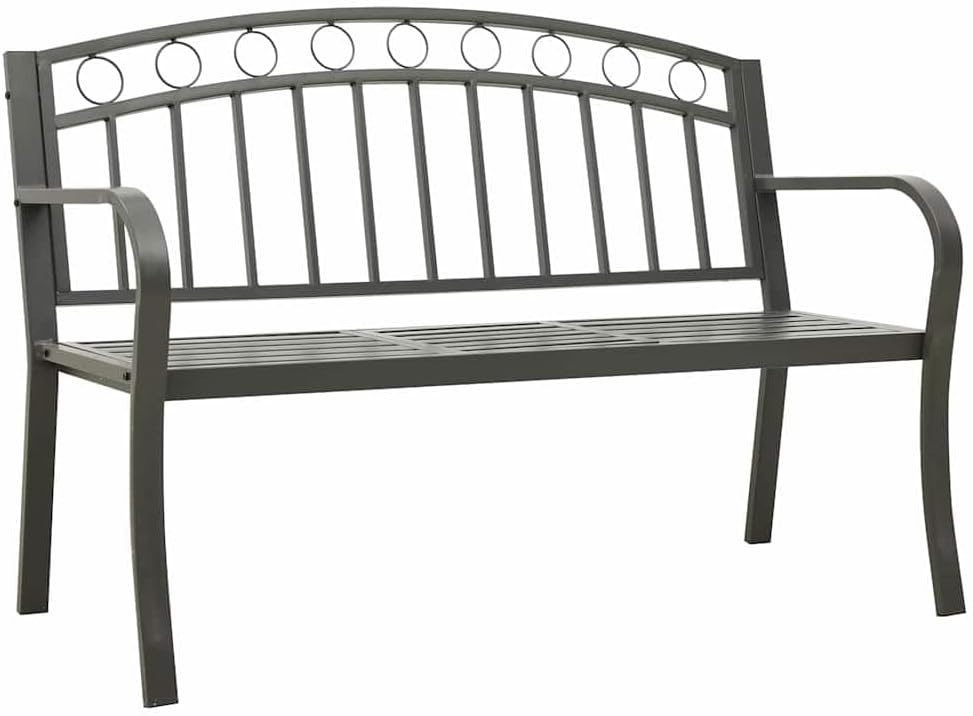 Outdoor Garden Bench with Integrated Table, 2-Seater Metal Patio Seat, Grey Powder-Coated Steel Bench for Yard, Park, and Terrace Seating