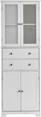 67in H Kitchen Pantry Cabinet with Glass Doors and Drawers, Kitchen Hutch Cabinet Storage Cabinet Large Food Cupboard Storage Cabinet Sideboard for Snacks, Spices & Wine, White
