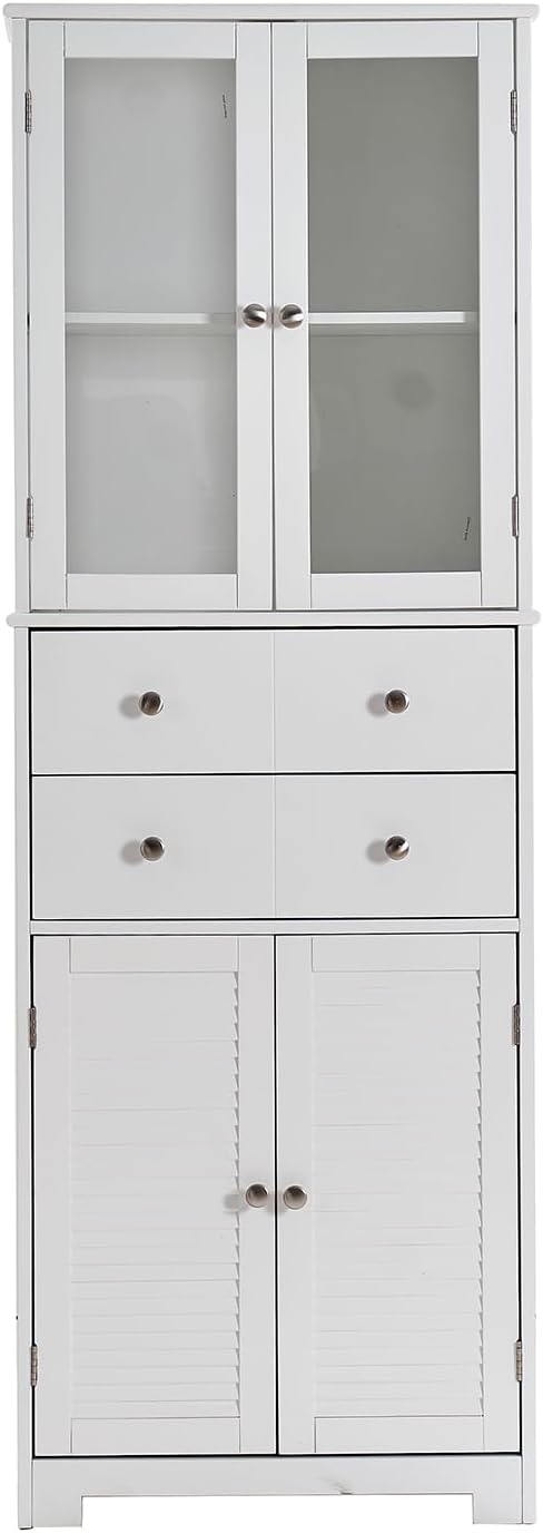 67in H Kitchen Pantry Cabinet with Glass Doors and Drawers, Kitchen Hutch Cabinet Storage Cabinet Large Food Cupboard Storage Cabinet Sideboard for Snacks, Spices & Wine, White