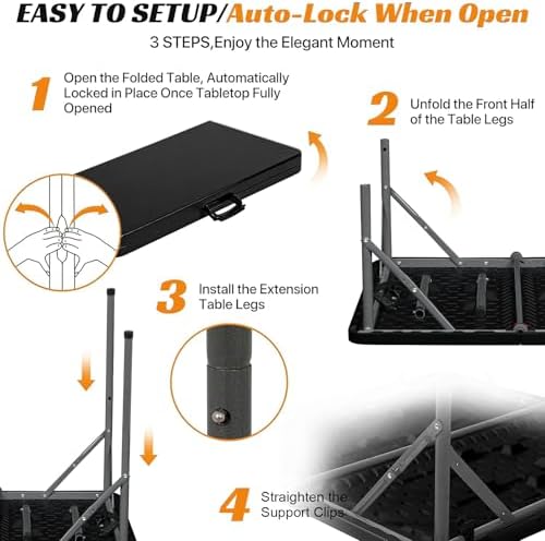 34'' Square Folding Card Table with Built in Handle & Steel Legs Black | 353LBS Capacity Heavy Duty HDPE Carry Handle Easily Lift Indoor Outdoor Utility for Picnic, Camping, Party & Tailgate
