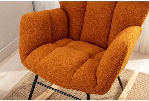 Rocking Chair, Upholstered Teddy Fabric Glider Chair with Thick Cushion, Lounge Accent Armchair with High Backrest, Accent Rocking Chairs for Living Room, Bedroom, Orange