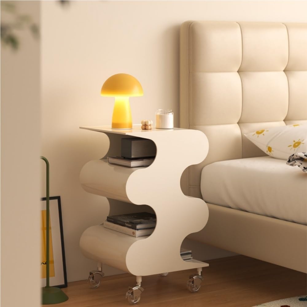 ABS Movable Rotating Side Table with Storage, Modern Night Stand, Minimalist Small Sofa Table, Multi-Layer End Table for Bedroom, Living Room, Kitchena(White)