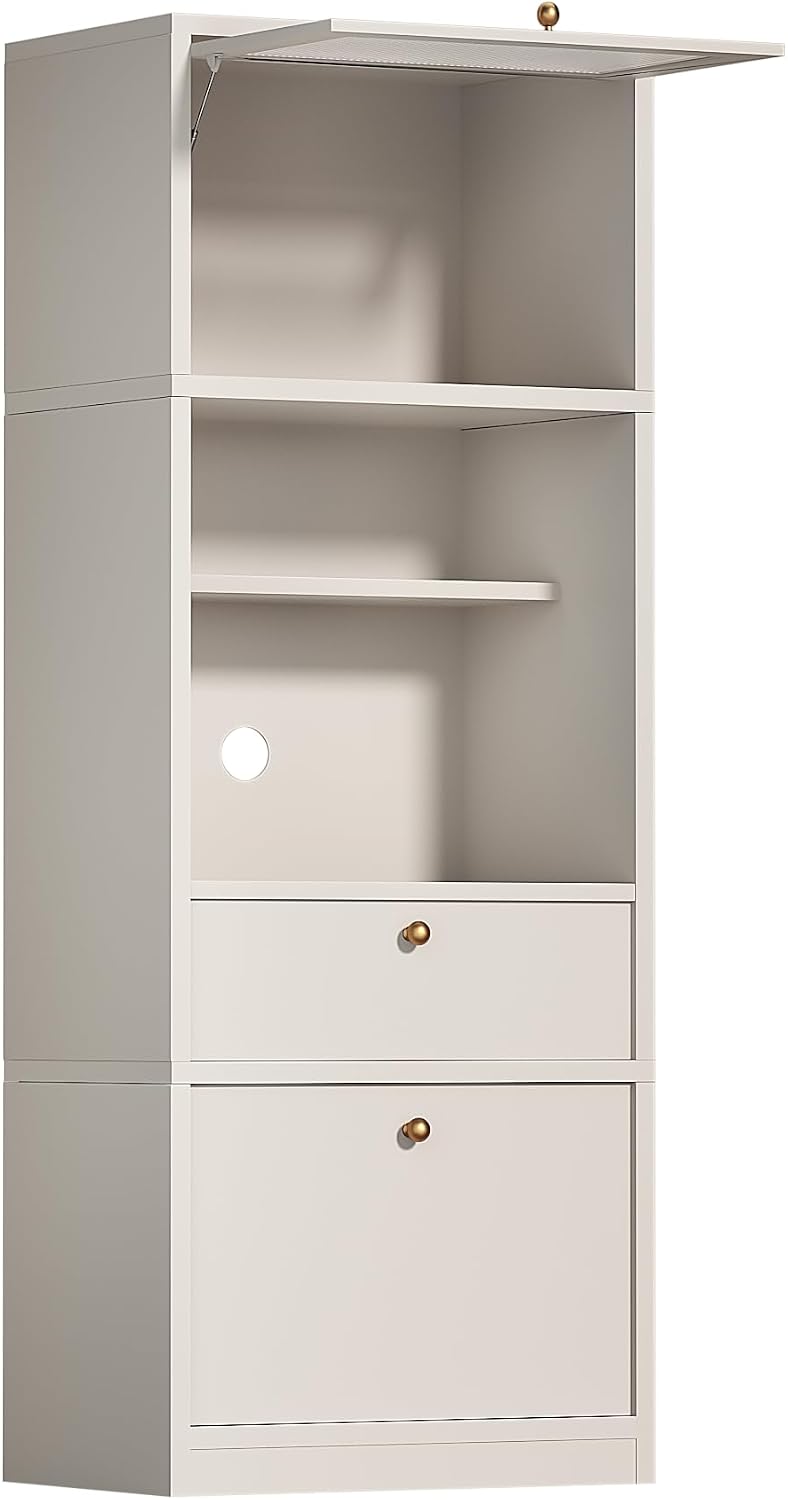 71" Tall Pantry Cabinet, Freestanding Storage Cabinet with Doors and Adjustable Shelves, Drawer and Anti-Tip Kit, E1-Grade Wood for Kitchen Pantry Bathroom Storage, Warm White