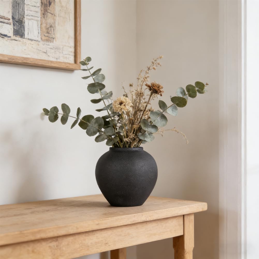 Rustic Ceramic Vase, 8.3" Black Farmhouse Tall Vase, Vintage Vases, Modern Terracotta Decor Vases for Home Decor, Living Room, Entryway, Table Centerpieces, Shelf, Kitchen, Housewarming Gifts