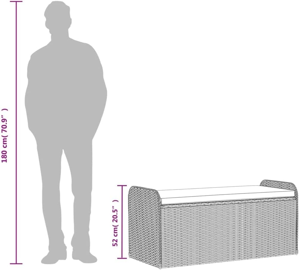 Outdoor Patio Storage Bench with Cushion Gray 45.3"x20.1"x20.5" PE Rattan Weather-Resistant Seat for Garden Yard Porch Deck Relax