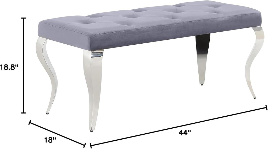 AUZ Benches, Grey and Silver Velvet Upholstered Dining Room Table Bench with Button-Tufted, Modern Glam Chrome Mirrored Chrome Curved Legs