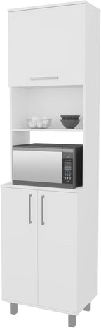 Kitchen Pantry with 2 Pneumatic Door, Open Storage, and Bottom Cabinet, White.