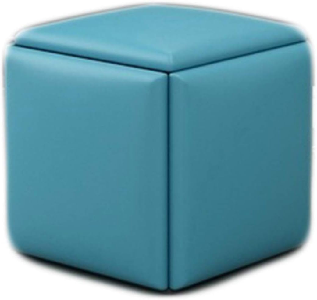 Blue Leather Square Stool with Storage Footstool and Padded Seat