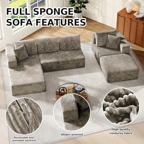 MoonSpeak 133" Sectional Boneless Couch for Living Room,Modern Modular Cloud Couch with Deep Seat,Upholstered Sleeper Sofa with 1 Ottoman,Convertible Folding Couches,No Assembly (Khaki)