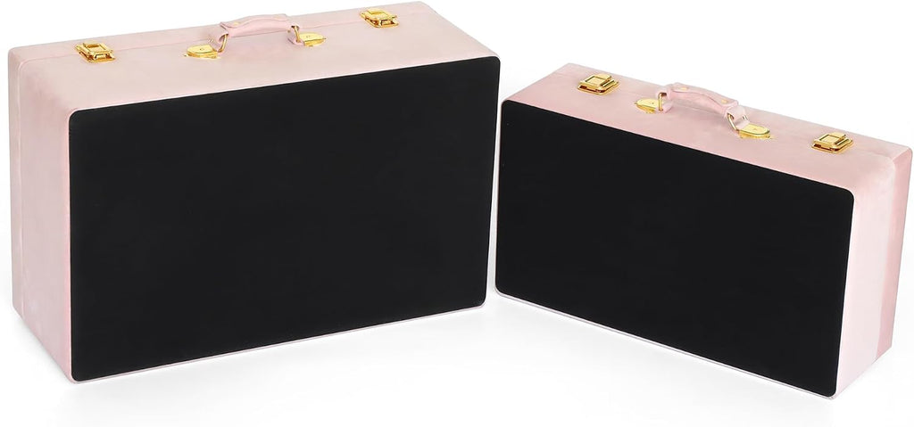 HofferRuffer Velvet Storage Trunks with Wood Frame, Set of 2 Storage Chests with Handles, Bedroom Organizer Nesting Upholstered Decorative Boxes Hinged Lid with Gold Hardware Accents (Pink Trunks)