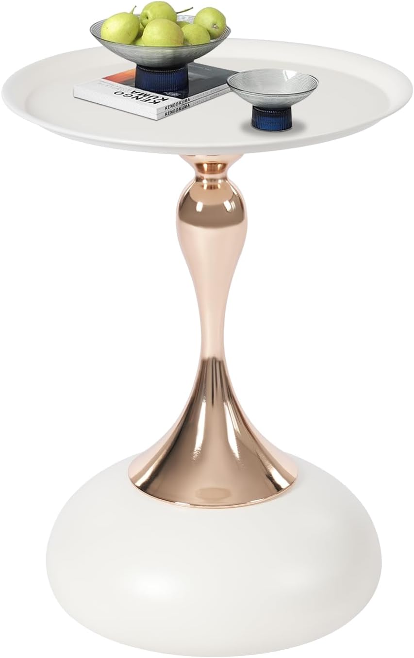 Metal Round End Table,Small Round Side Tables for Small Spaces, Modern Pedestal End Table Living Room, Metal Drink Tables Martini Table, Unique Circle Accent Tables for Sofa, Bedroom (White+Rose Gold)