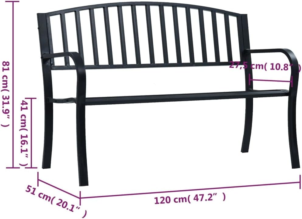 Garden Bench Black Powder-Coated Steel 47.2 in Long Durable,Sturdy Black PowderCoated Steel Garden Bench for Outdoor Comfort Patio Furniture
