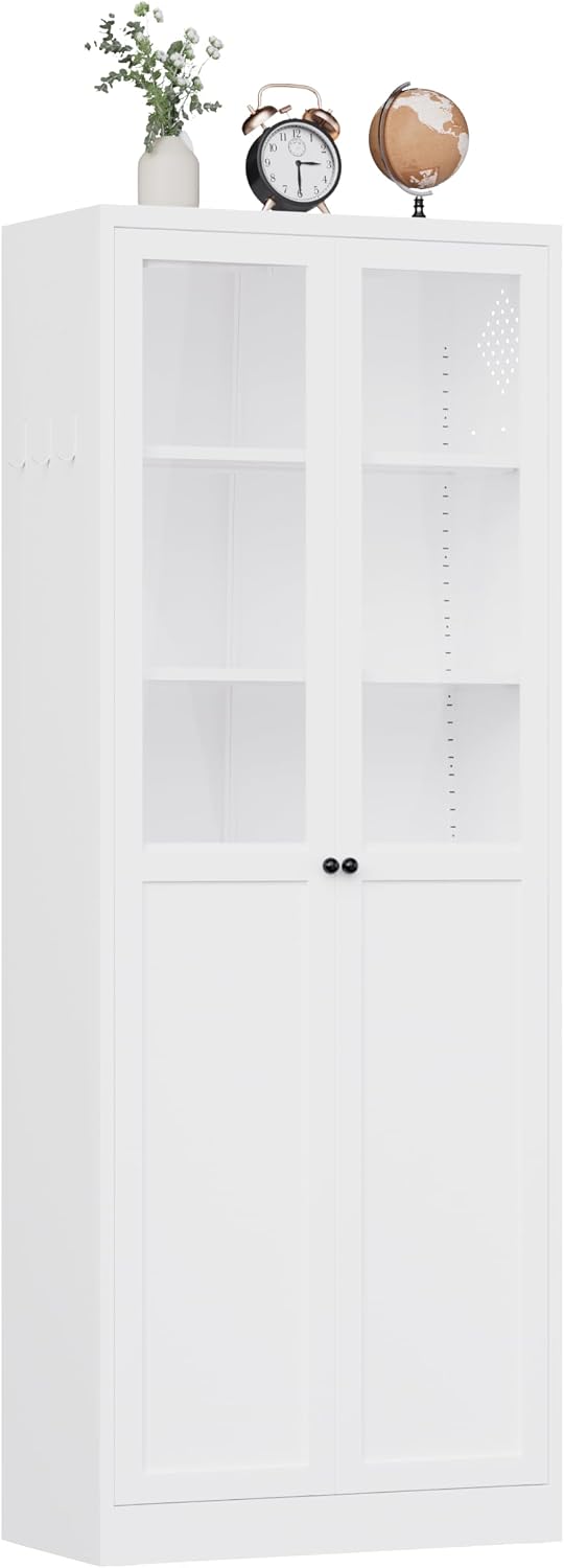 72" White Storage Cabinet Metal Kitchen Pantry Cabinet with Glass Doors & Adjustable Shelves,Freestanding Storage Organizer Utility Cupboard for Pantry, Kitchen, Bathroom