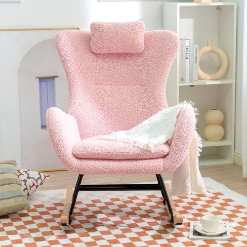 Rocking Chair Nursery, Teddy Upholstered Glider Rocker with Headrest, Accent Armchair with High Backrest, Comfy Lounge Chair for Living Room Bedroom Offices, Pink