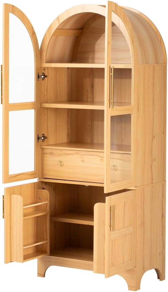 71 Inch Arched Kitchen Pantry Cabinet with Glass Doors and Hidden Drawer, Farmhouse Storage Four Door Cupboard with Internal Door Shelves, Adjustable Shelving and Anti-Tip Kit (Natural)