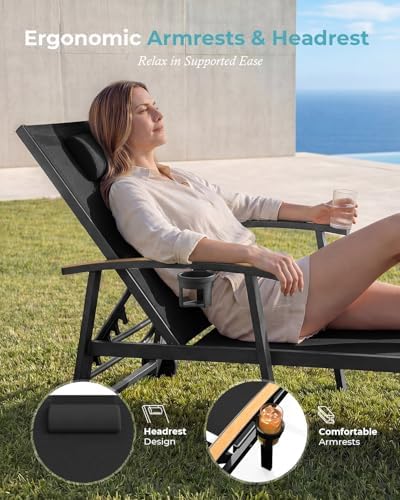 Outdoor Lounge Chair with Pillow, 5-Position Aluminum Chaise Lounge with Wheels & Armrests, 400 lbs Heavy Duty Patio Pool Chair for Backyard, Deck, Beach & Poolside (Black)