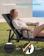 Outdoor Lounge Chair with Pillow, 5-Position Aluminum Chaise Lounge with Wheels & Armrests, 400 lbs Heavy Duty Patio Pool Chair for Backyard, Deck, Beach & Poolside (Black)