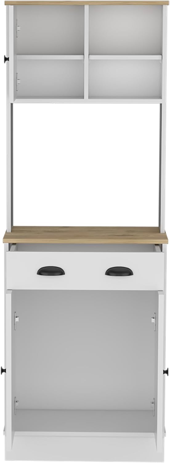 Kitchen Pantry 67" H, Two Cabinets, Three Doors, Two Open Shelves, One Drawer, Microwave Storage Option, White, Macadamia,23.62 * 13.78 * 66.54